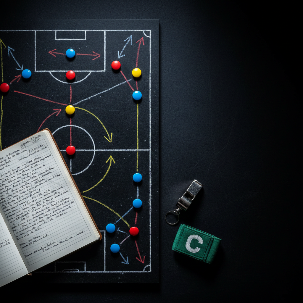An overhead photographic view of a richly textured tactics board, its matte dark surface covered with precisely arranged magnetic markers in vibrant team colors, arrows and lines drawn in bright chalks showing complex offensive and defensive movements. Around the board lie a well-worn leather notebook with notes in tight handwriting, a silver whistle with subtle scuff marks, and a folded green captain’s armband. Cool, focused studio lighting from above creates clear, crisp shadows and highlights every line and symbol, emphasizing strategic thinking. The composition is balanced using the rule of thirds, with generous negative space on one side suggesting room for new ideas. The mood is analytical and cerebral, capturing the intellectual side of futebol in sharp photographic realism.