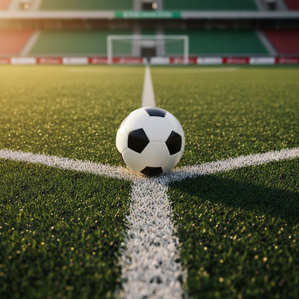 A meticulously detailed close-up of a classic black-and-white soccer ball resting exactly on the intersection of crisp white chalk lines that form a penalty box on a vivid green grass pitch. Each blade of grass appears slightly dewy and textured, with small rubber pellets subtly visible between them. Late-afternoon golden hour sunlight comes from the left, casting a gentle elongated shadow of the ball across the turf and creating a soft rim light along its hexagonal panels. Shot at eye level with a shallow depth of field, the background goal and stadium seats dissolve into smooth bokeh. The mood is anticipatory and intense, evoking the decisive moments that happen dentro das quatro linhas, in a clean, photographic realism style.