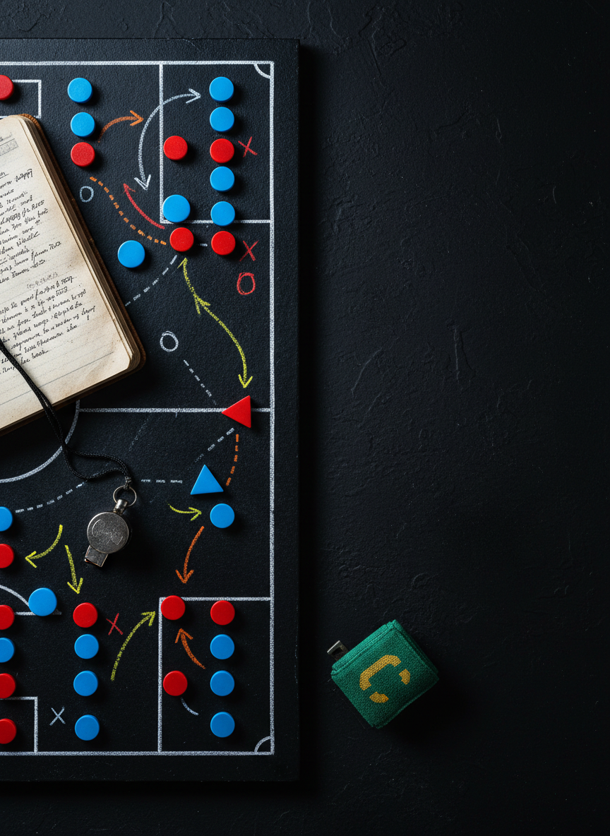 An overhead photographic view of a richly textured tactics board, its matte dark surface covered with precisely arranged magnetic markers in vibrant team colors, arrows and lines drawn in bright chalks showing complex offensive and defensive movements. Around the board lie a well-worn leather notebook with notes in tight handwriting, a silver whistle with subtle scuff marks, and a folded green captain’s armband. Cool, focused studio lighting from above creates clear, crisp shadows and highlights every line and symbol, emphasizing strategic thinking. The composition is balanced using the rule of thirds, with generous negative space on one side suggesting room for new ideas. The mood is analytical and cerebral, capturing the intellectual side of futebol in sharp photographic realism.
