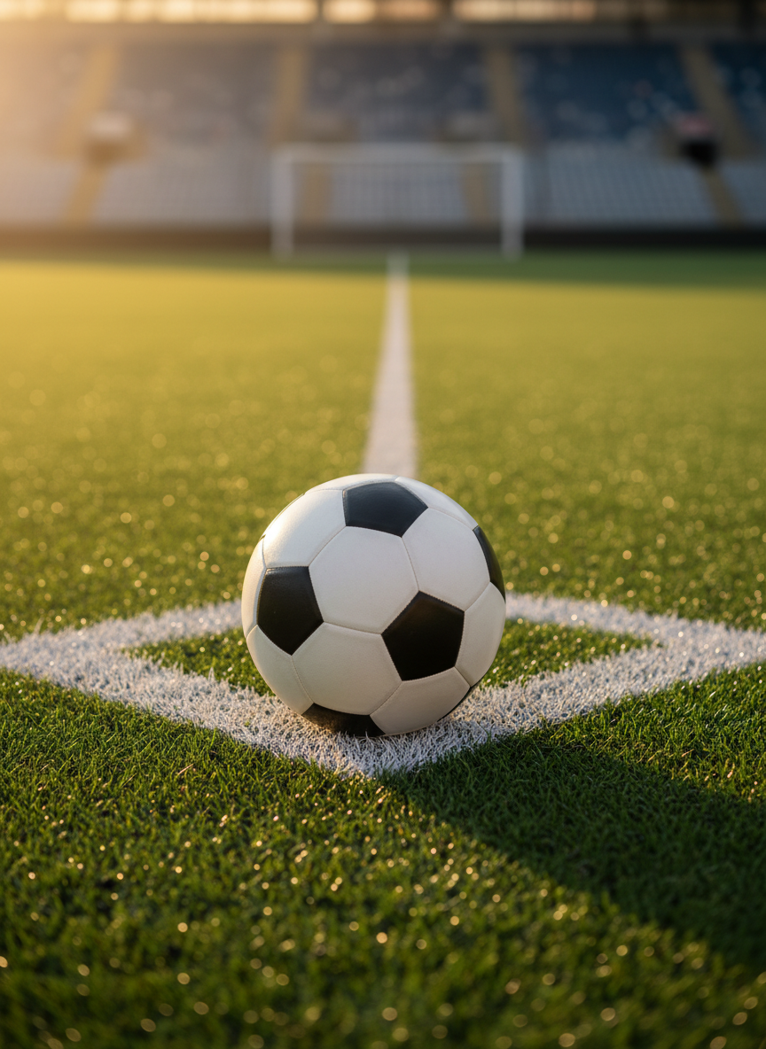 A meticulously detailed close-up of a classic black-and-white soccer ball resting exactly on the intersection of crisp white chalk lines that form a penalty box on a vivid green grass pitch. Each blade of grass appears slightly dewy and textured, with small rubber pellets subtly visible between them. Late-afternoon golden hour sunlight comes from the left, casting a gentle elongated shadow of the ball across the turf and creating a soft rim light along its hexagonal panels. Shot at eye level with a shallow depth of field, the background goal and stadium seats dissolve into smooth bokeh. The mood is anticipatory and intense, evoking the decisive moments that happen dentro das quatro linhas, in a clean, photographic realism style.