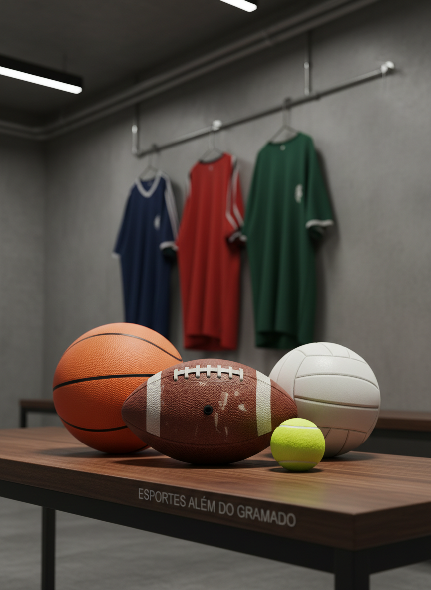 A carefully staged still life of diverse sports equipment arranged on a smooth, dark wooden bench in a modern locker-room setting, captured in crisp photographic realism. A slightly scuffed football takes center stage, flanked by a vibrant orange basketball, a lime-green tennis ball, and a sleek white volleyball, each showing distinct textures and subtle wear. Behind them, neatly folded team-colored jerseys hang on simple metal hooks against a concrete wall, adding depth and muted color. Soft, diffused overhead lighting creates gentle reflections on polished surfaces and soft shadows that ground every object. Shot at eye level with moderate depth of field, the composition uses asymmetrical balance to suggest variety yet harmony among different esportes, reflecting the site’s connection to multiple sports stories beyond the pitch.