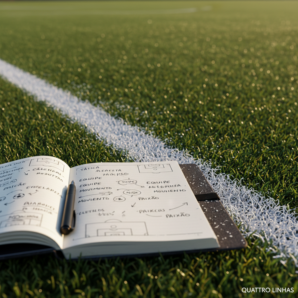 A dramatic, close-up photographic shot of a freshly chalked white sideline cutting diagonally across an ultra-detailed, lush green football pitch, tiny granules of chalk dust still visible on the blades of grass. In the near foreground rests a sleek, open hardcover notebook with a dark fabric cover, its cream pages filled with handwritten notes, small pitch diagrams, and circled keywords. A fine-tip black pen lies across the margin. Soft, late-afternoon natural light filters from the top right, producing gentle shadows that emphasize the paper’s texture and the line’s sharp edge. Composed using the rule of thirds with a shallow depth of field, the image merges the tangible world of the field with the refined world of escrita, symbolizing Quattro Linhas’ mission to conectar paixão à escrita.