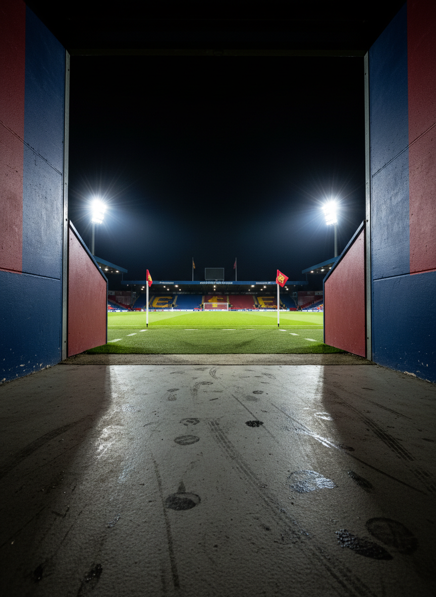 A low-angle, photographic realism view from just outside a stadium tunnel, looking out toward a brilliantly illuminated pitch under powerful floodlights. The foreground shows worn concrete flooring with faint shoe marks and water streaks, leading to the bright rectangle of grass framed by towering, shadowy tunnel walls painted in deep club colors. Beyond, the field glows emerald under cool white stadium lights, with detailed corner flags gently bending in a light breeze. Overhead, a dark night sky contrasts sharply with the blazing lights, creating dramatic, high-contrast lighting and long, directional shadows. The composition pulls the viewer’s eye from the dark tunnel into the luminous arena, conveying a mood of expectation, passion, and the threshold between backstage stories and on-field drama.